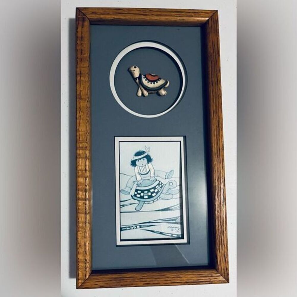 Molly Renner Tiddleybits Clay Turtle Frame 3D Art signed 1987 Native American